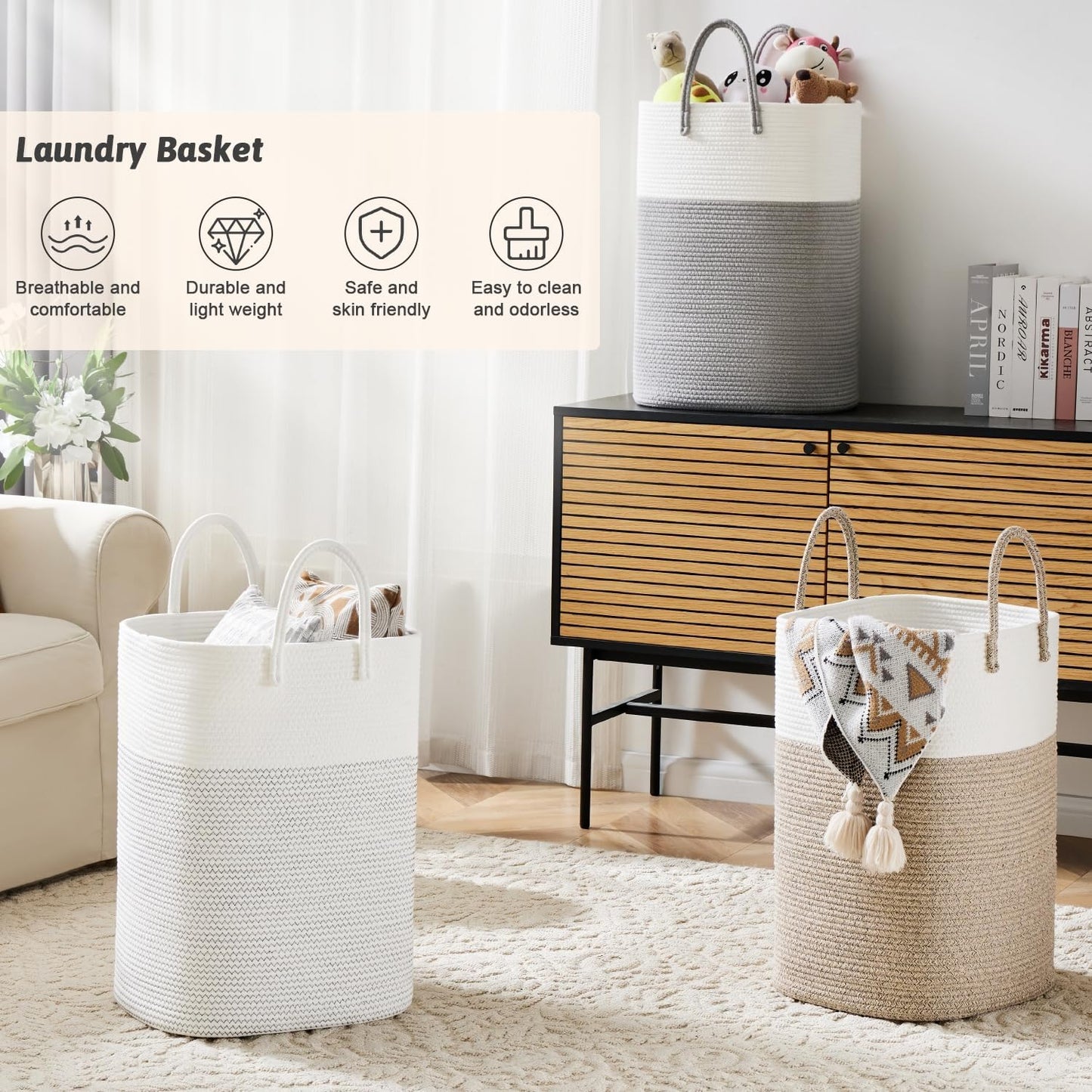 Laundry Basket,Woven Cotton Rope Laundry Hamper,Versatile Storage for Dirty Clothes,Baby Toys,and Blankets in Bathroom, Nursery,and Living Room (Grey, 60L)