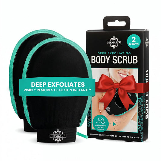 Dermasuri - Deep Exfoliating Glove - Polishing Mitt Body Scrubber - Korean Skin Cleaner Exfoliator - Dead Skin Buffing Treatment - Gifts for Women & Men - Keratosis Pilaris Scrub Remover - (2 Pack)