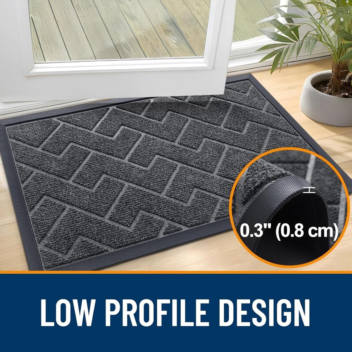 OLANLY Front Door Mat Indoor Outdoor Entrance, Waterproof All-Season, All-Weather Doormat, Sturdy Natural Rubber, Low Profile, Easy Clean Patio Porch Entryway Mat, Herringbone Brick (Grey, 59x35)