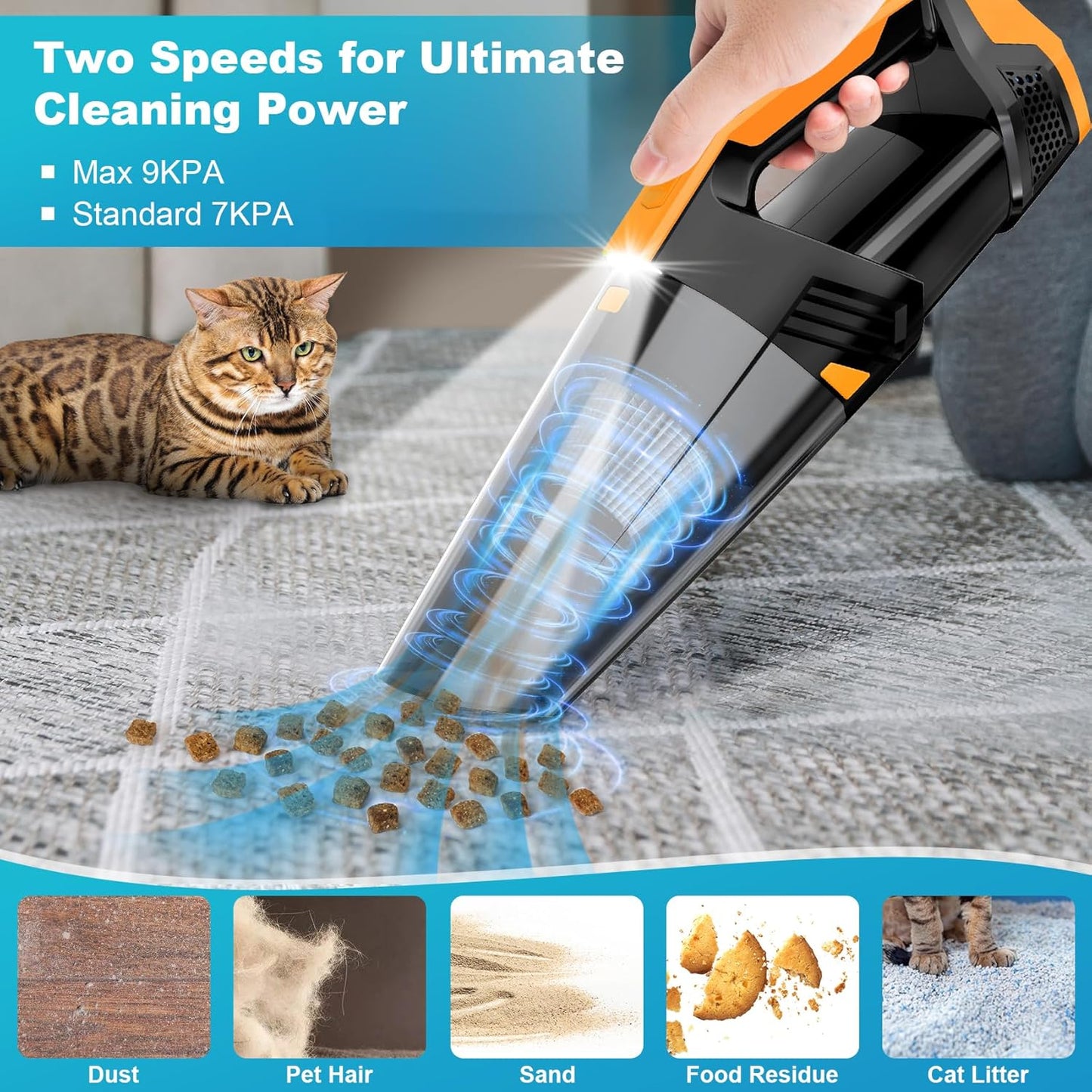 Handheld Vacuum Cordless Car Vacuum Portable with LED Light, High Power Suction, Lightweight Rechargeable Hand Vacuum, Hand Held Vacuum Cleaner for Car Home Office, Pet Hair, BlackOrange