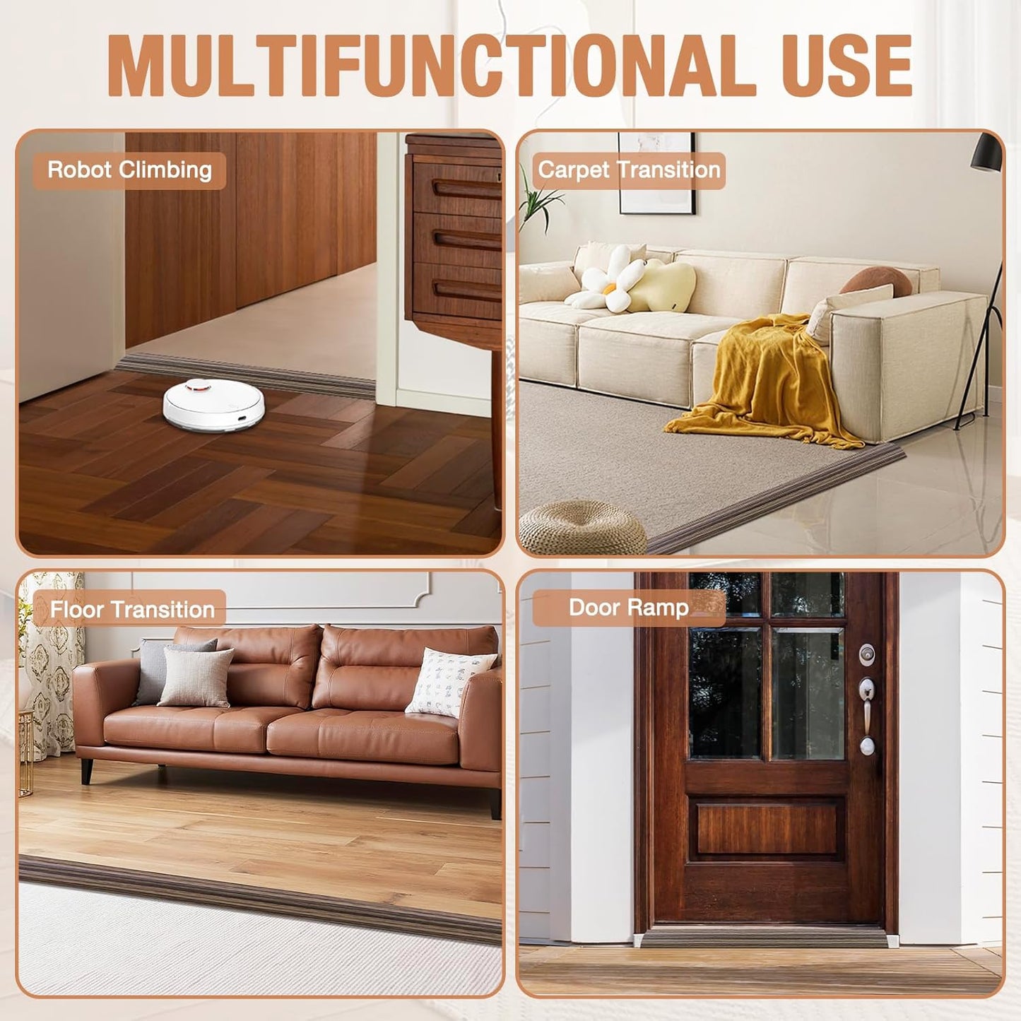 Floor Transition Strip Self Adhesive Vinyl Door Threshold for Doorways Carpet Edging Trim Overlap Edge Reducer for Laminate Floor, Carpet, Tile (Smoked Brown Wood Grain, 2/5" to 3/5", 10Ft)