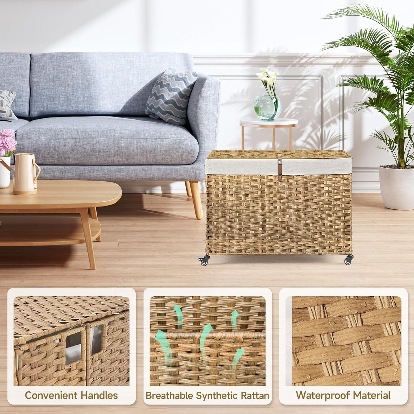 Rolling Storage Basket with Lid, 47.6 Gallon (180L) Storage Bin with Wheels, Woven Rattan Blanket Storage Basket with Handles, Foldable, Metal Frame, Removable Liner for Bedroom, Laundry Room, Natural
