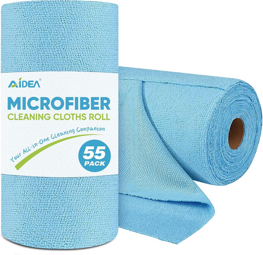 AIDEA Microfiber Cleaning Cloth Roll, Blue Shop Towels 55 Sheets Washable, Microfiber Towels for Cars, Blue Rags Reusable Paper Towel for Automotive, Workshop, House, Kitchen, Cleaning Supplies11×9"