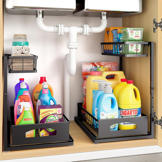 Under Sink Organizer, 2 Pack Height Adjustable Cabinet Organizer with Slide Out Drawer, Pull Out Under Sink Storage, Multi-Purpose 2 Tier Sink Shelves for Kitchen Bathroom Pantry (Black, 2 Pack)