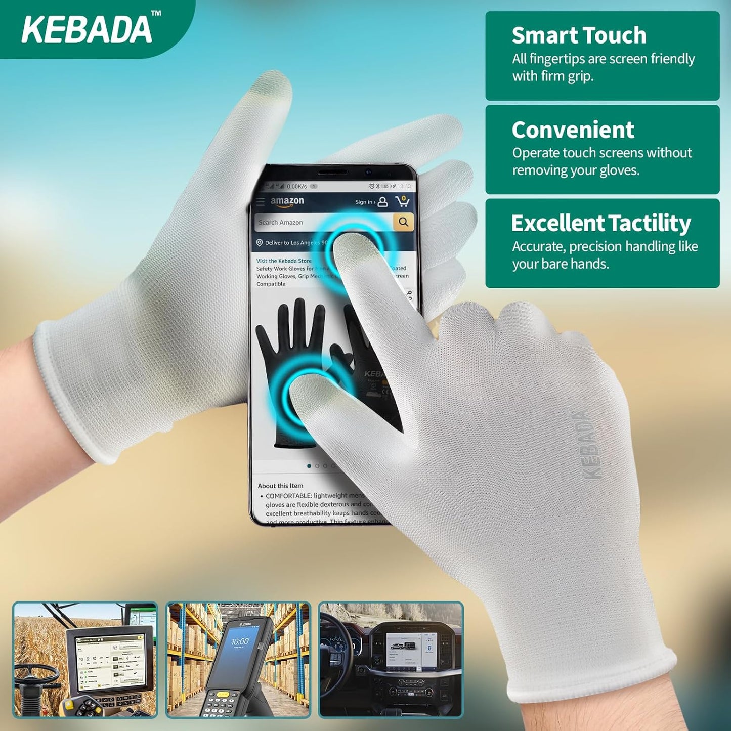 Kebada W1 Work Gloves for Men and Women, PU Coated Safety Gloves with Grip, Touchscreen, Ideal for Warehouse Package Handling, Construction, Gardening, White X-Large