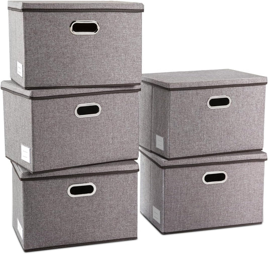 PRANDOM Large Collapsible Storage Containers with Lids [5-Pack] Linen Fabric Foldable Storage Bins Boxes Organizer Baskets Cube with Cover for Home Bedroom Closet Office Nursery (17.7x11.8x11.8)