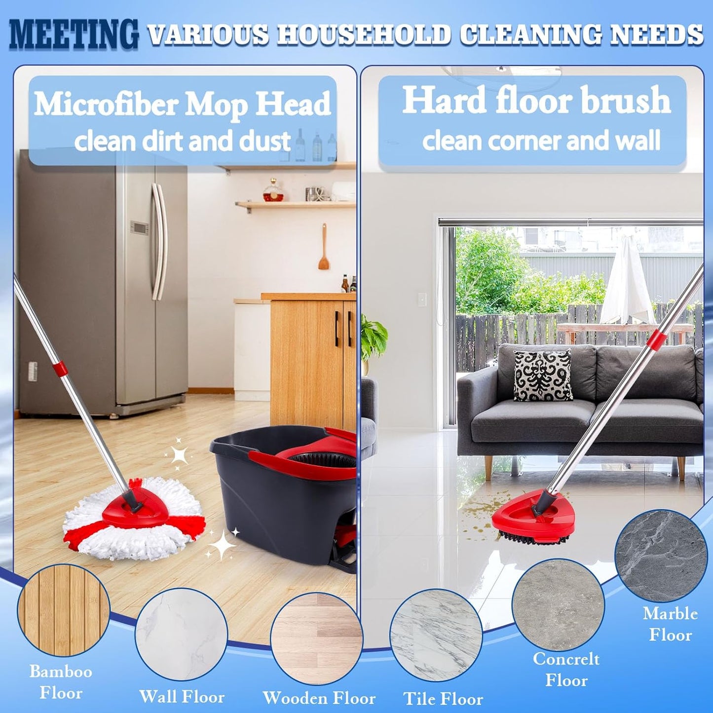 4 Pack Spin Mop Replacements Head Compatible for EasyWring 1-Tank System,Microfiber Spin Mop Refills Head,1 Mop Scrub Brush + 1 Mop Base + 4 Pack Cleaning Floor Mop Head（Red)