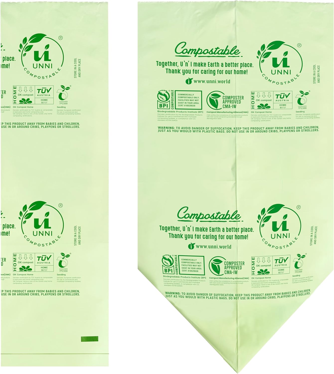 UNNI Compostable Trash Bags, 8 Gallon / 30 Liter, 200 Count Value Pack, Extra Thick 0.85 mil Medium Kitchen Food Scrap Bin Liners, BPI, CMA & OK compost HOME Certified (Meets ASTM D6400)
