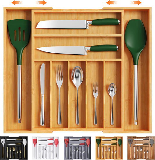 Bellsal Large Premium Bamboo Silverware Organizer - Expandable Utensil Drawer Organizer - 17"x19.6" Utensil Holder and Cutlery Tray with Grooved for Kitchen Flatware and Utensils Mother's Day Gift