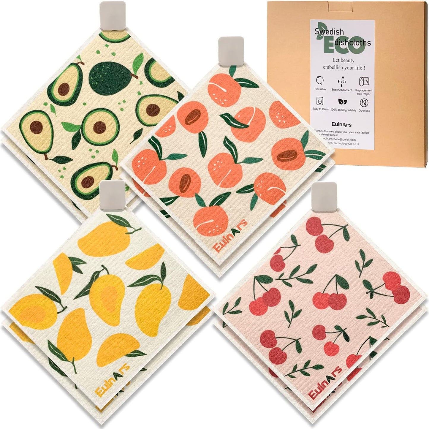 Swedish Dishcloths for Kitchen, 8 Pack Reusable Paper Towels with Clips, Non-Scratch Swedish Kitchen Towels, Super Absorbent Cellulose Sponge Cloths, Dishwasher Safe, No Odor