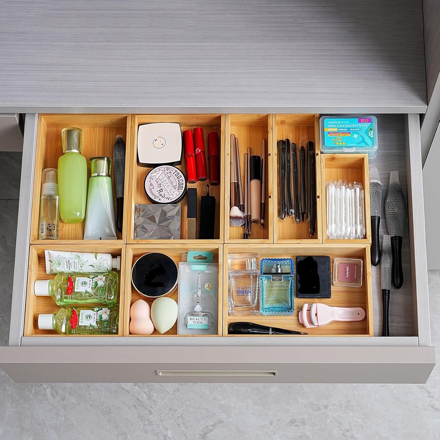 Fabsome Drawer Organizer, Set of 9 Bamboo Wood Kitchen Makeup Desk Junk Tea Drawer Storage Boxes Bins for Cutlery Silverware Utensils Flatware, Small Wooden Container Tray for Bathroom, Office