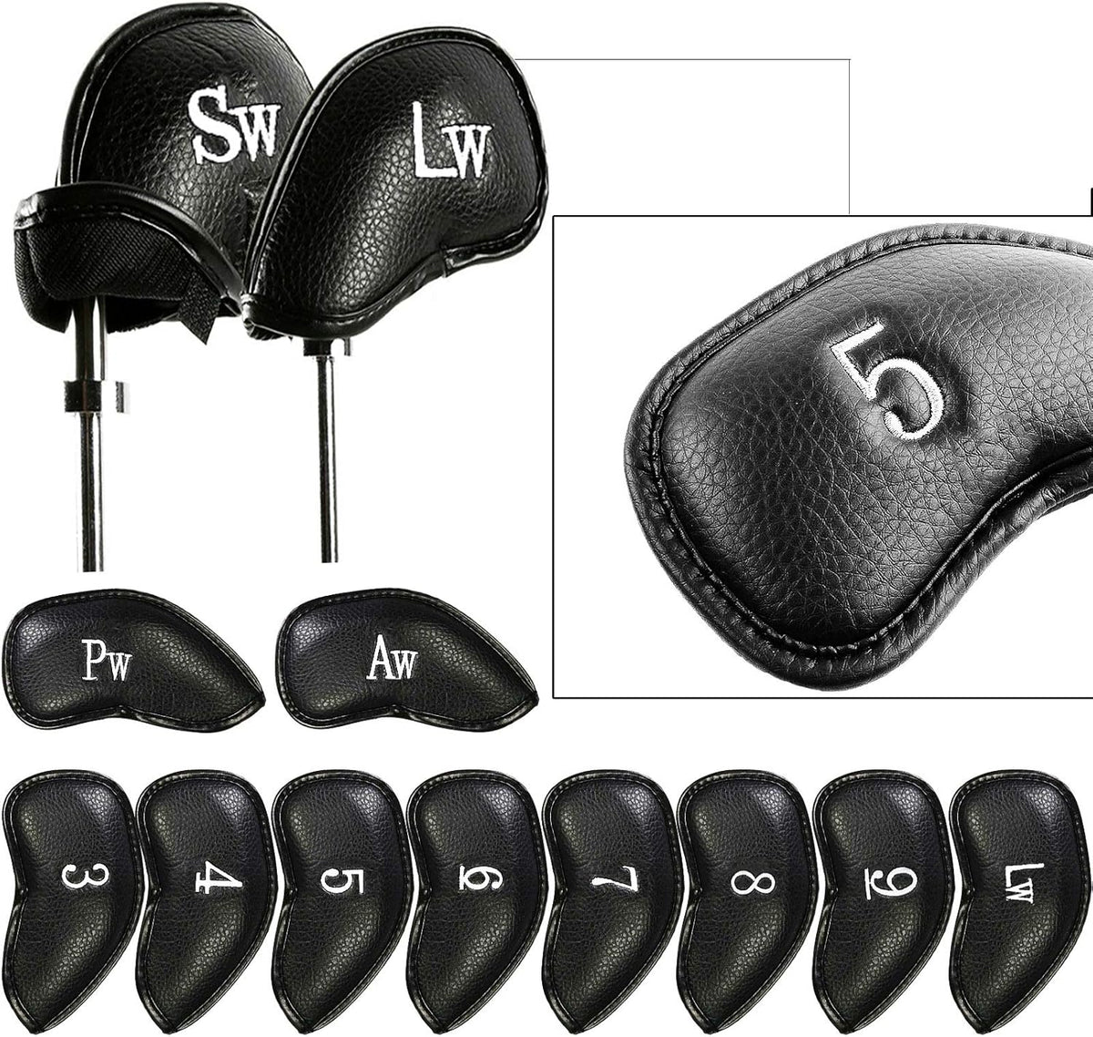 FINGER TEN Premium Synthetic Leather Stylish Iron & Wedge Golf Head Covers Value 12 Piece Set, Embroidered Labels & Fits Most Clubs Gift Set, Travel Protection Accessories