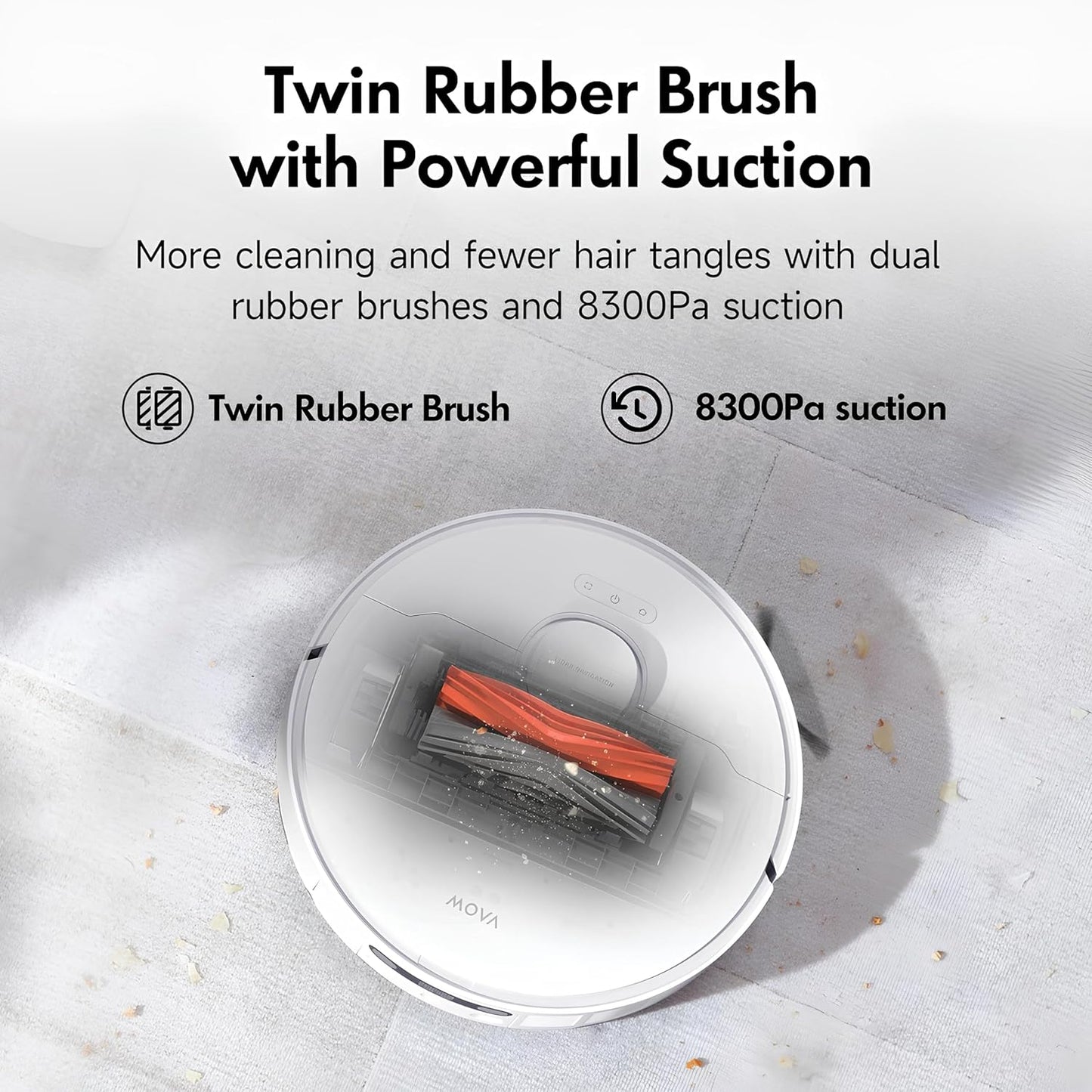 Mova S20 Ultra Robot Vacuum and Mop Combo with Dual Roller Brush, 8300Pa Suction, 140℉ Hot Water Mop Self-Washing & Drying, Mop Auto-Lift for Carpet, Self-Empty, Self-Refilling, Voice & App Control