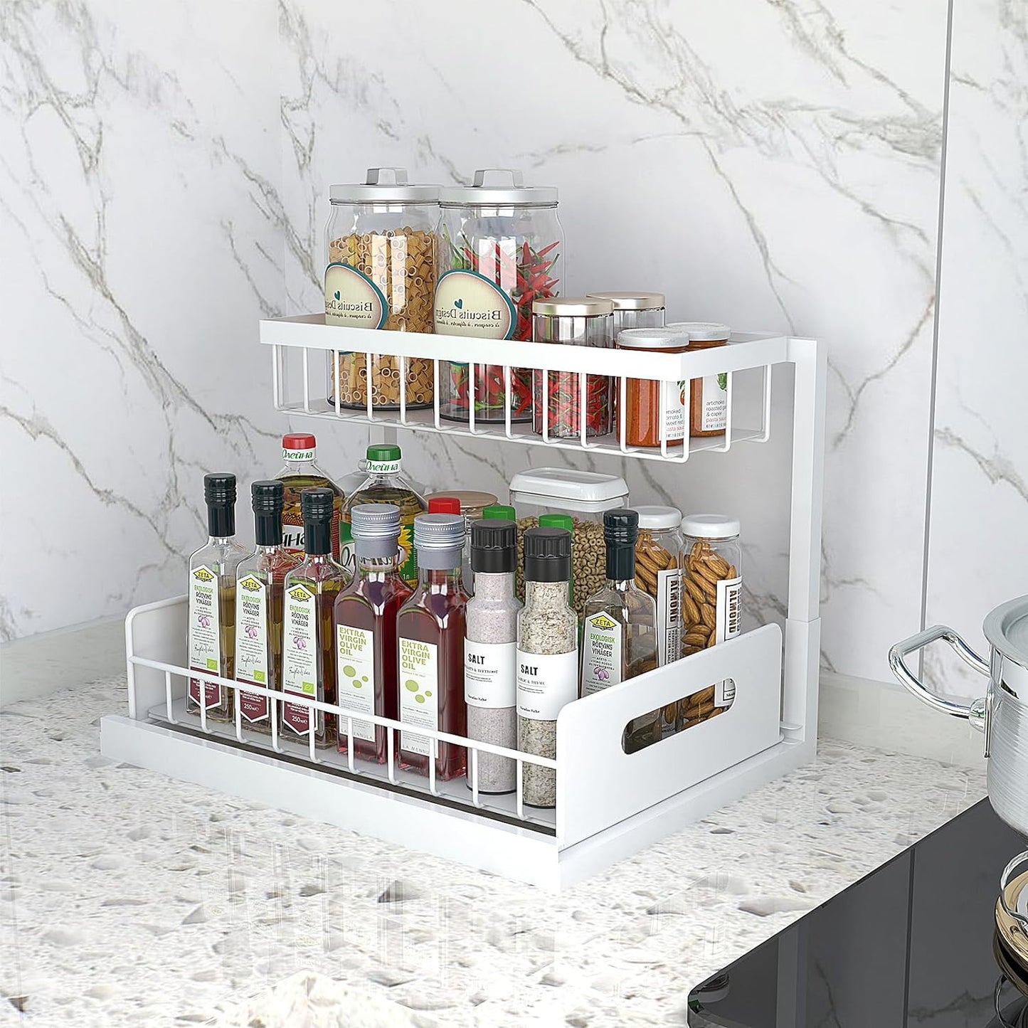 bukfen Under Sink Organizer, Pull Out Home Organizers 2-Tier Slide Out Sliding Shelf Under Cabinet Storage Multi-Use for Under Kitchen Bathroom Sink Organizers and Storage,White,2 Pack