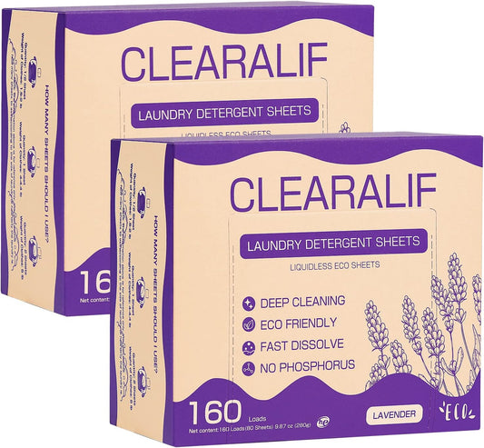 Laundry Detergent Sheets (160 Sheets), Lavender,Up to 320 Loads - Great For Travel,Apartments, Dorms,CLEARALIF Laundry Detergent Strips Eco Friendly & Hypoallergenic (80 Count, Pack of 2)