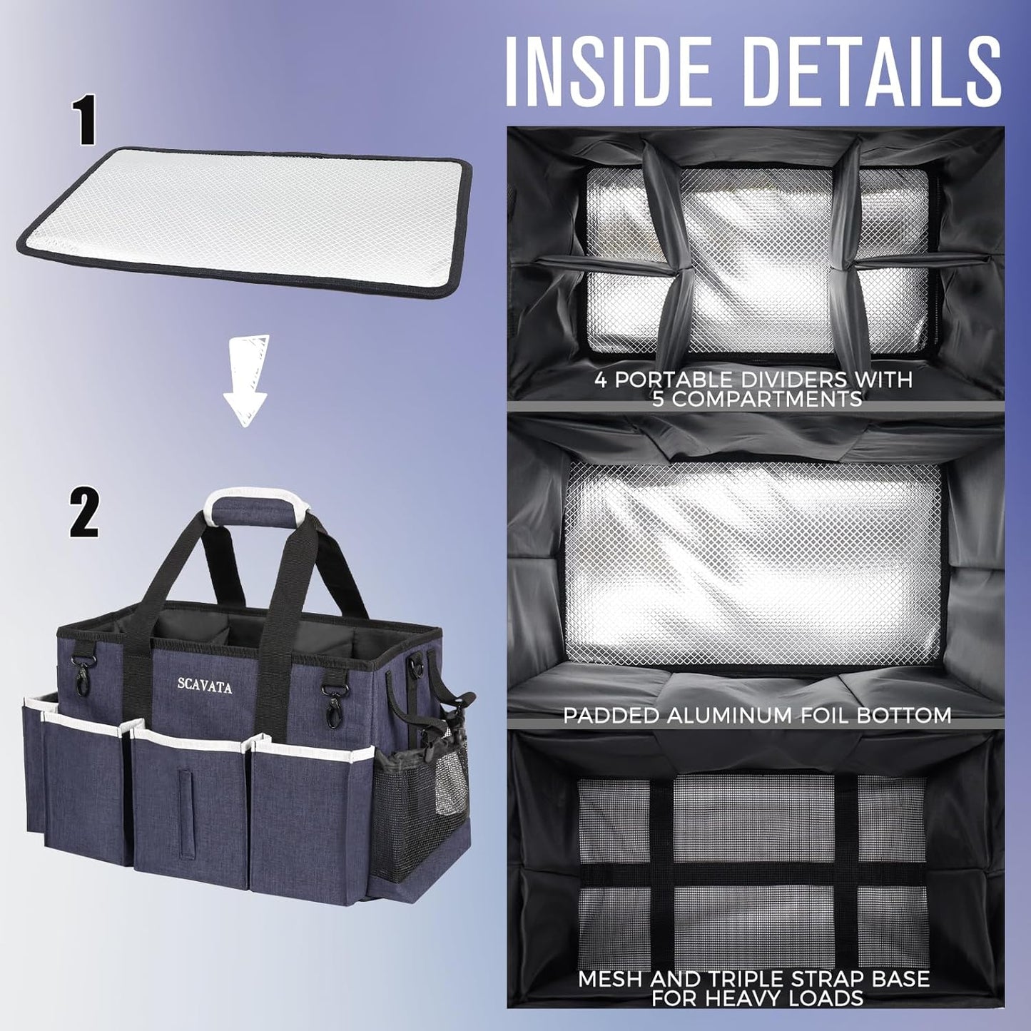 Wearable Caddy Bag, Cleaning Supplies Organizer With Handle & Shoulder Straps for Housekeepers, Under Sink & Car Tool Organizers With 4 Foldable Divider (NavyBlue)