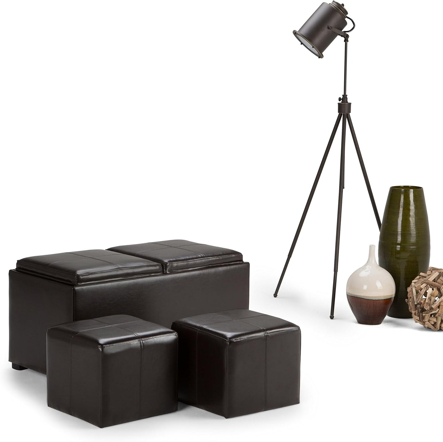 SIMPLIHOME Avalon 35 inch Wide Contemporary Rectangle 5 Pc Storage Ottoman in Tanners Brown Vegan Faux Leather, Assembled, for the Living Room, Entryway and Family Room