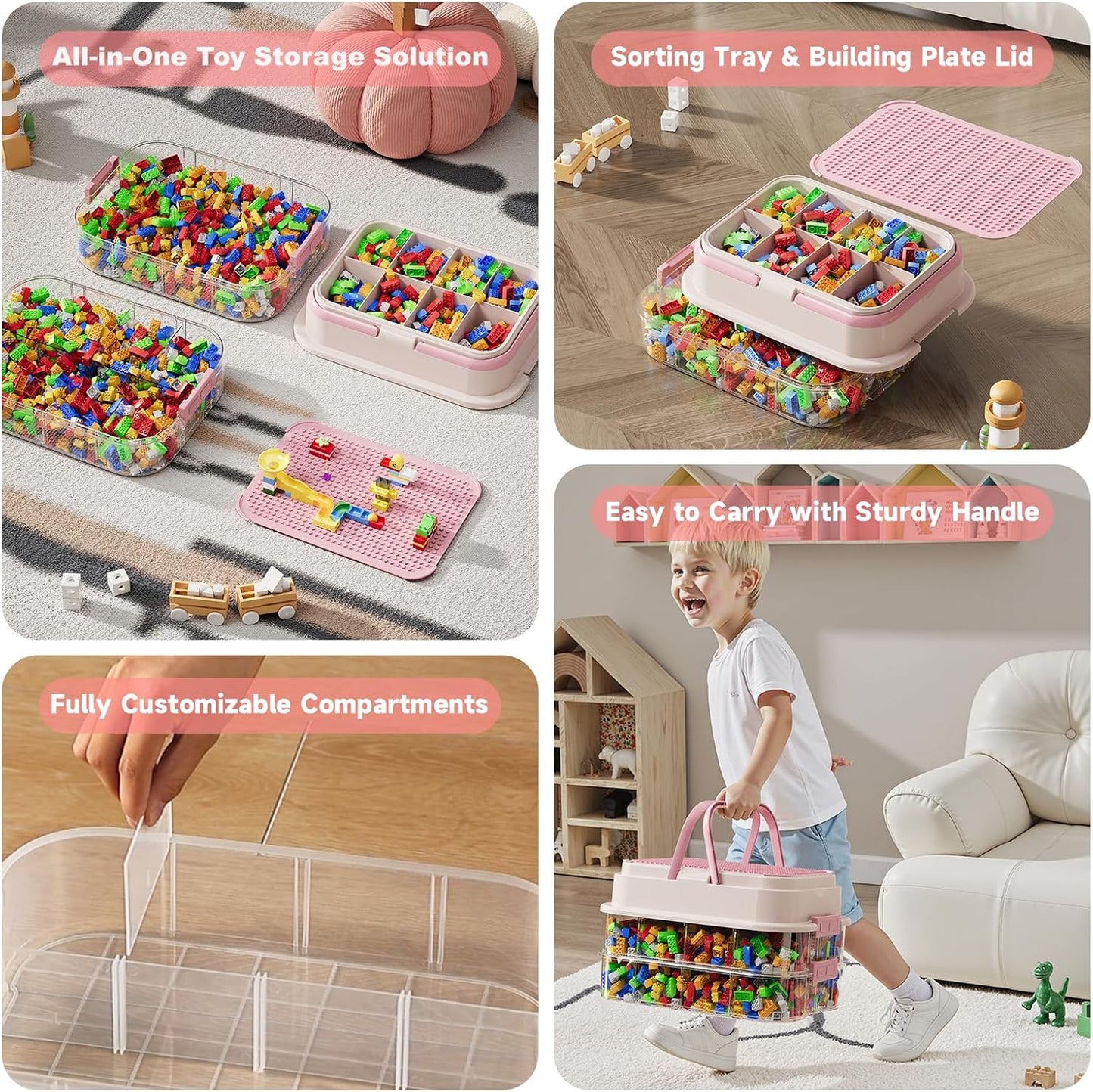 Toy Storage Organizer Box with Handle, Stackable Building Block Toy Box with Building Plate Lid & Removable Sorting Trays, Cubby Bins and Containers 2 Layer (Pink)