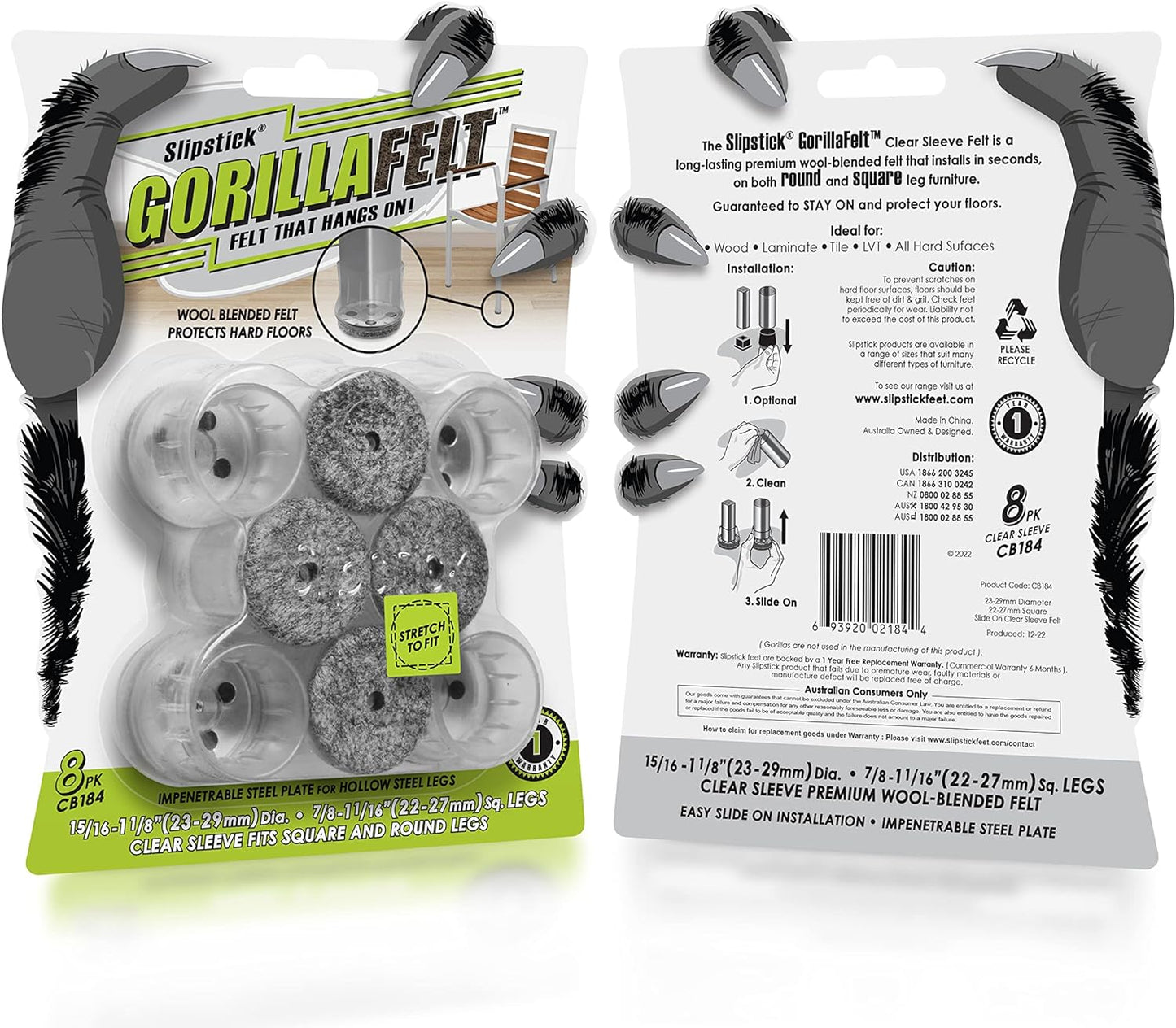 Slipstick GorillaFelt Chair Leg Floor Protectors for Hardwood Floors, Clear Sleeve Felt Pads for Furniture That Stay On, Fits Round & Square Legs, Includes 8 Premium Transparent Chair Socks, CB184