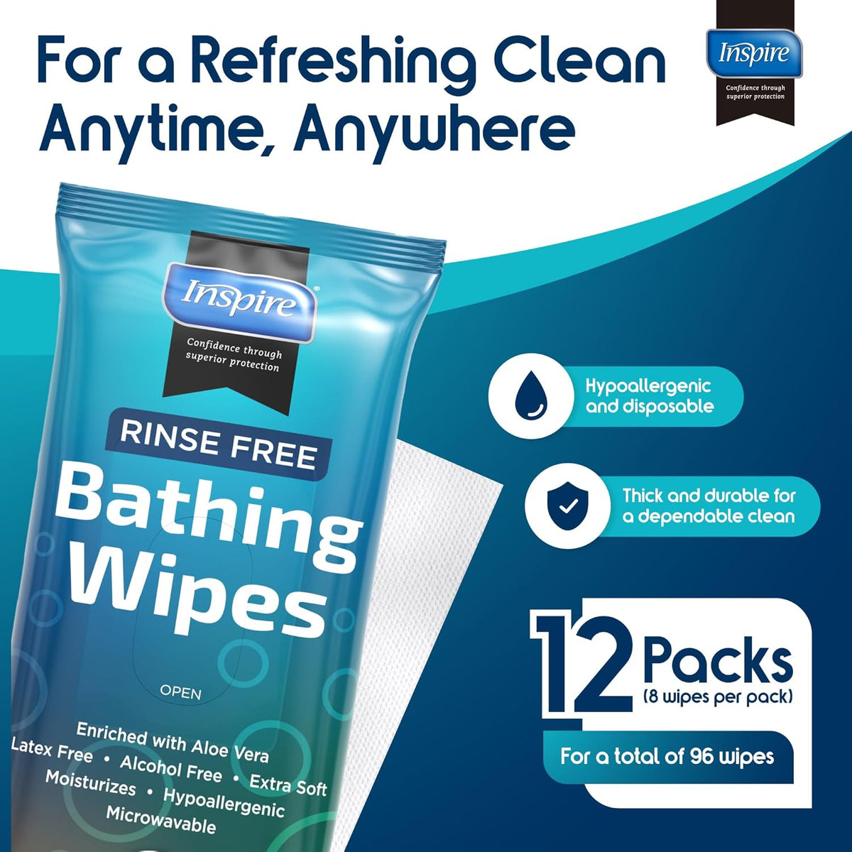Inspire Thick Rinse Free Body Wipes, Extra Large Washcloths For Adults, Aloe Vera Enriched