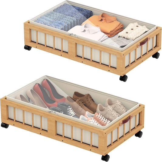 efluky 2-Pack Bamboo Under Bed Storage Containers with Wheels, Under Bed Clothes Storage Basket with Large Dust Bag, Rolling UnderBed Storage for Bedroom, Dorm and Basement, Nature