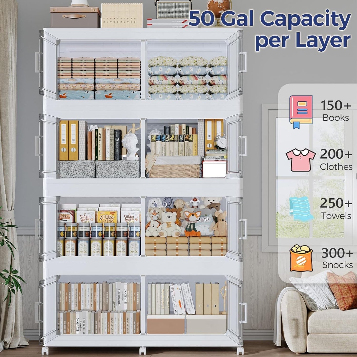 150GAL Extra Large Storage Bins with Lid, 600Qt Stackable Closet Organizers and Drawers, Collapsible Storage Bins with Wheels, Folding Storages Cabinet for Home Bedroom Office, 3Pack White