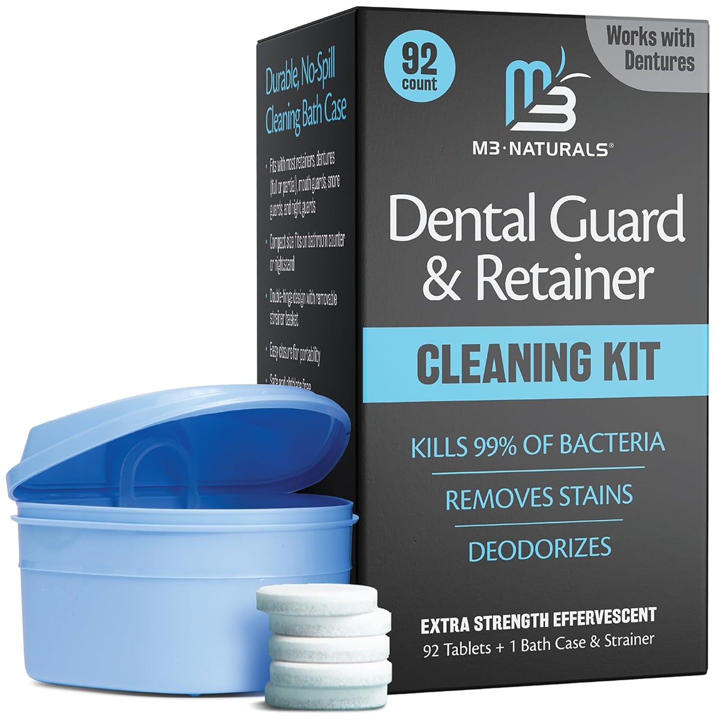 Retainer Cleaner and Soak Container, No-Mess Cleaning Tablets with Universal Denture Bath Case and Strainer, Multipurpose, for Mouth Guard Stains, Odor, and Plaque (92 Tablets + 1 Bath) by M3 Naturals