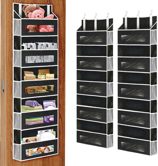 2 Packs 5-Tier Over the Door Storage Organizer with 10 Side Mesh Pockets, 48 lbs Load Capacity, 3 Hooks Design, Hanging Organizer with Clear Windows for Bathroom, Bedroom, Nursery, Kitchen-Black