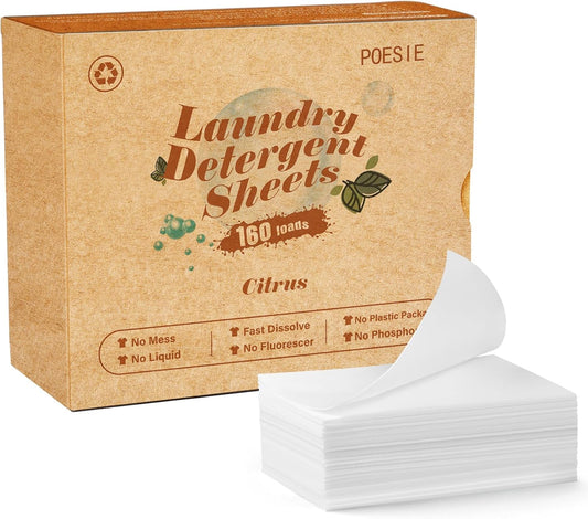 Poesie Laundry Detergent Sheets Citrus Scent 160 Sheets 80 Large Loads Laundry Strips No Plastic Jug Liquidless Travel Portable HE for Camping Dorm Life Clean