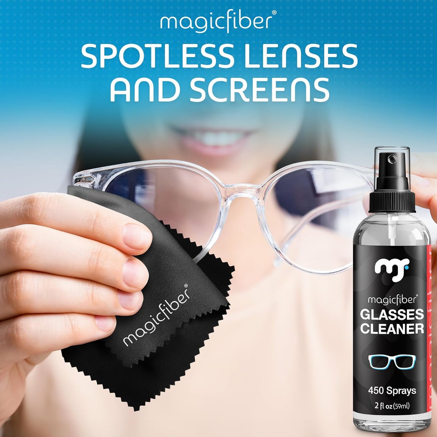 MagicFiber Glasses Cleaner Kit - (2) Eyeglass Cleaner Sprays + (2) Microfiber Cleaning Cloth - Wipes For Eye Glasses, Lenses, Cameras, Screens, Sunglasses, Phones, Electronics, Computer, VR, TV