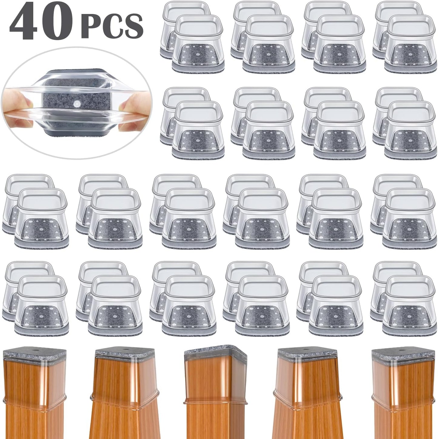 BUMACO Chair Leg Floor Protectors Square Chair Leg Protectors for Hardwood Floors Silicone Pads Covers to Protect Floors Clear-40 Pcs Square XL (1-5/8" to 2")
