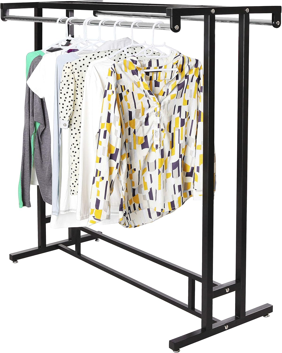MyGift Black Stainless Steel Freestanding Garment Rack, Heavy Duty Double Rod Clothes Rack Clothing Hanger Stand with Storage Display Shelf