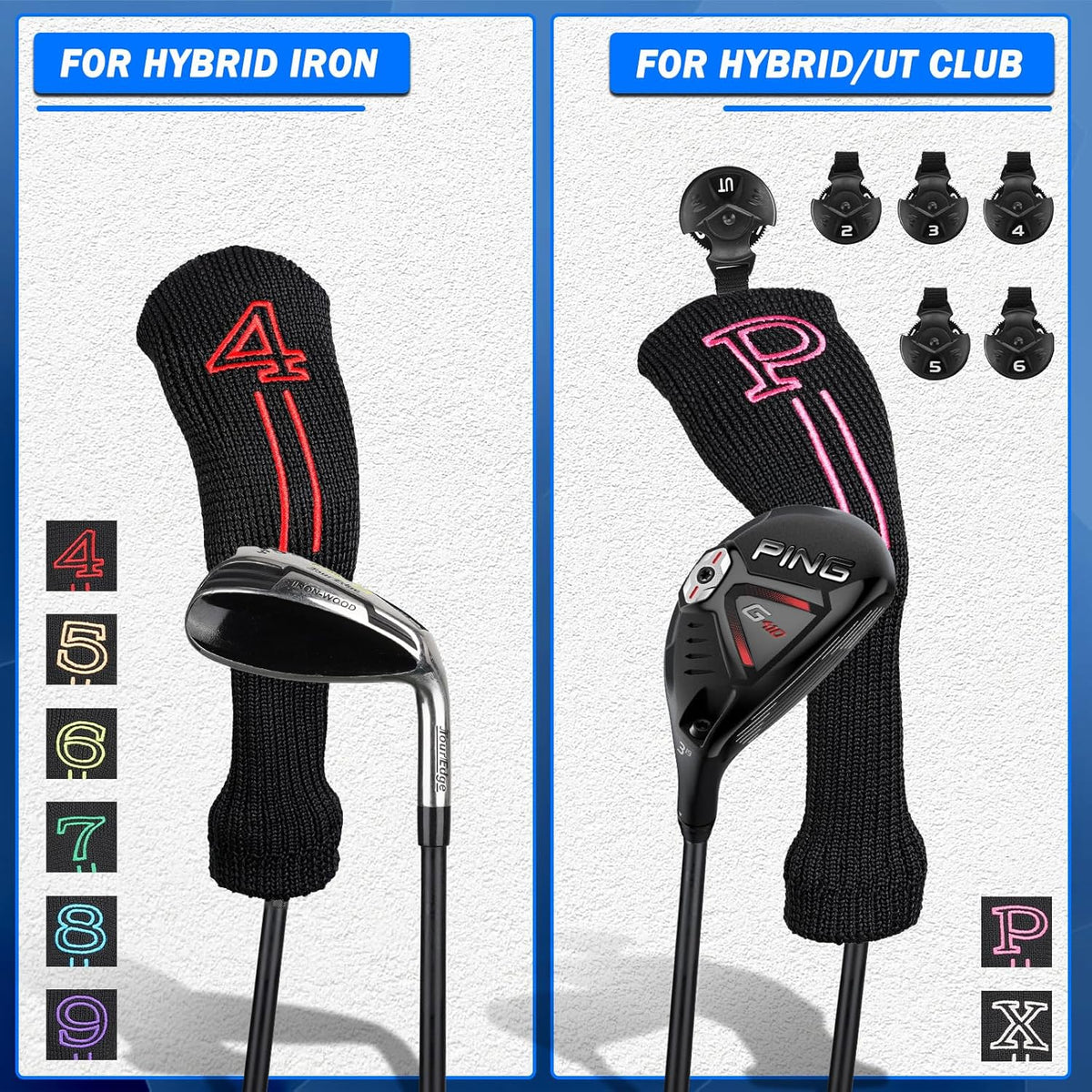 mytag 8PCS Golf Hybrid Iron Covers Set, Knit Hybrid Head Covers, Fits Cobra T Rail, Cleveland Launcher, Wilson Launch Pad, Tour Edge Hot Launch - Customizable