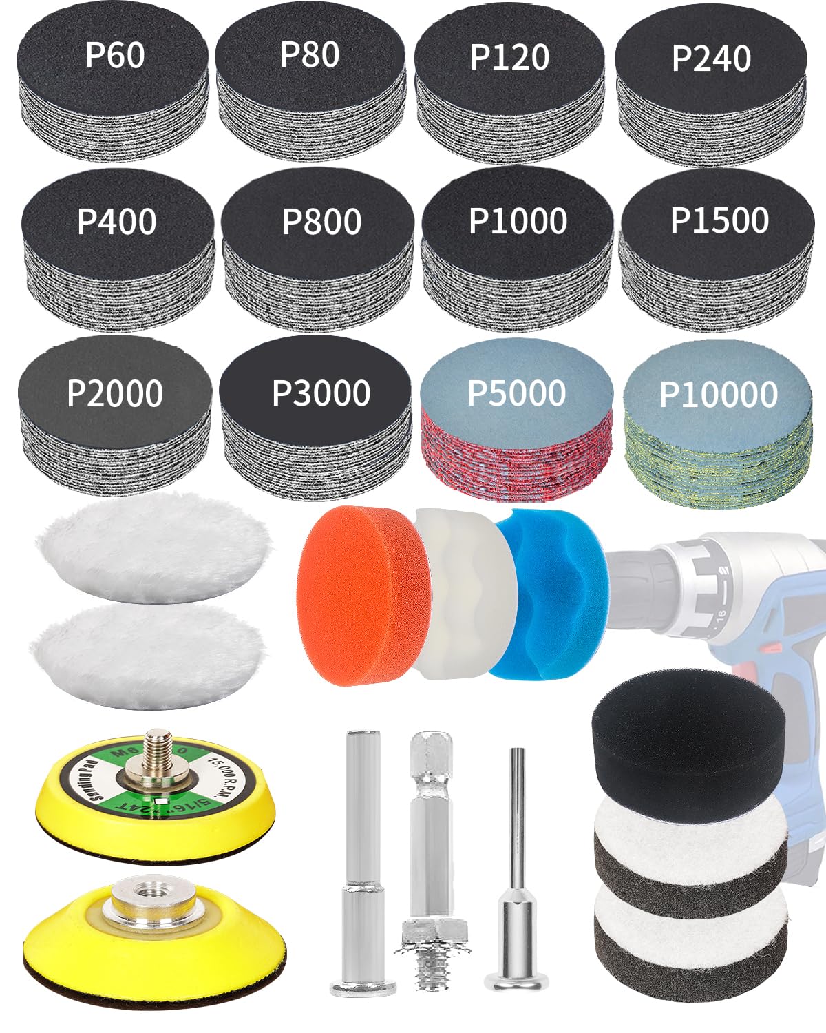 2 Inch Sanding Discs Drill Polishing Kit, 193PCS Car Headlight Restoration Kit, Hook & Loop Wet Dry Buffing Pads for Rotary Tools, Dremel Sanding Bits Attachment for Aluminum Resin Metal Glass