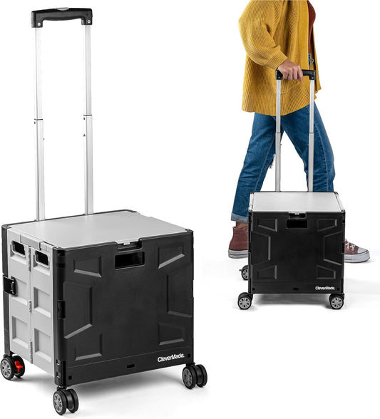 CleverMade Collapsible Wheeled Crate with Lid, 4-Wheels - Swivel and Glide Rolling Crate with Handle and Double Wheels for Easy Transport and Versatile Use - 35L and 75lb Capacity, Black/Cream