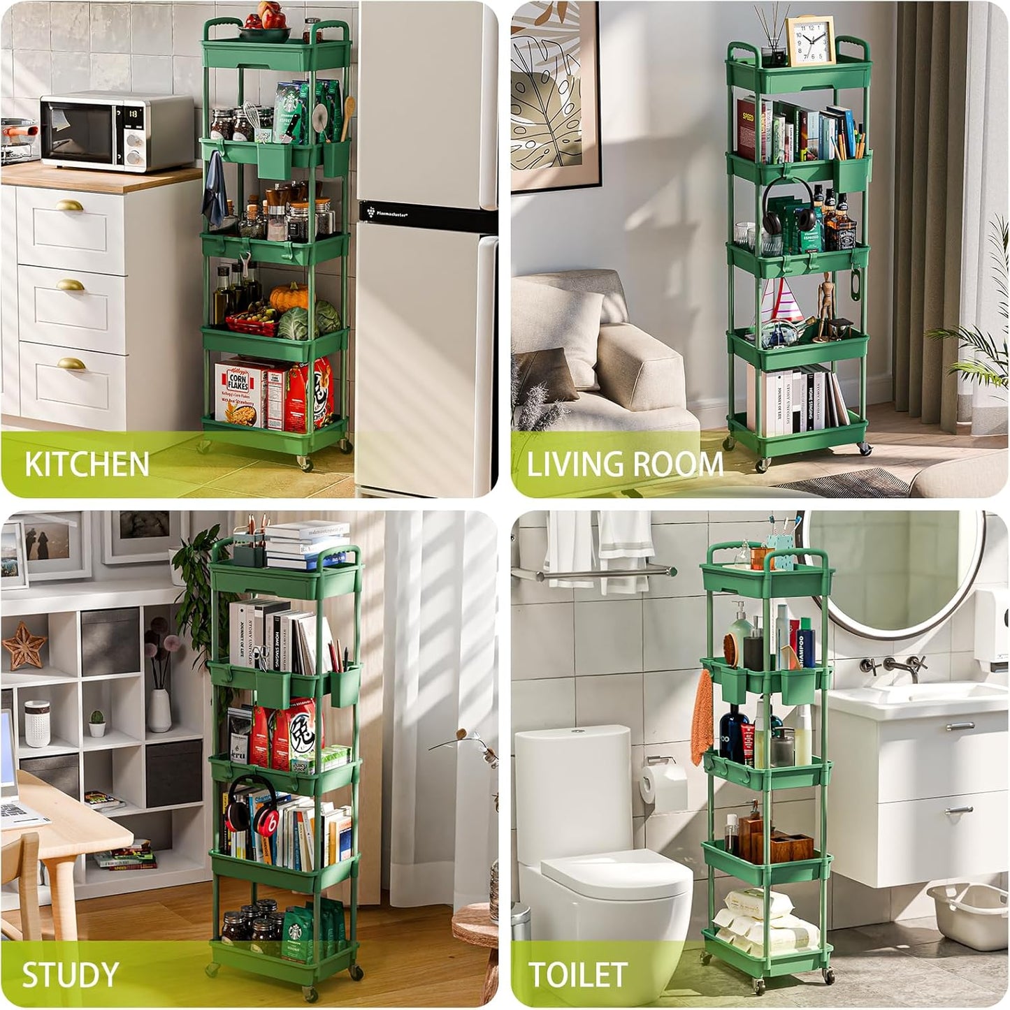 5 Tier Rolling Cart Organizer,Bathroom Cart Organizers with Wheels Laundry Room Organization Mobile Shelving Unit Utility Cart Storage Shelves Multi-Functional for Office, Home(Green)