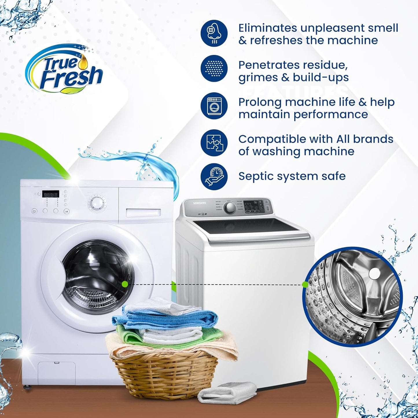 True Fresh Washing Machine Cleaner Tablets – 25-Pack Deep Cleaning for Front Loader, Top Load & HE Washers – Helps Remove Odor-Causing Residues, Pet Hair & Hard Water Buildup – Septic Safe