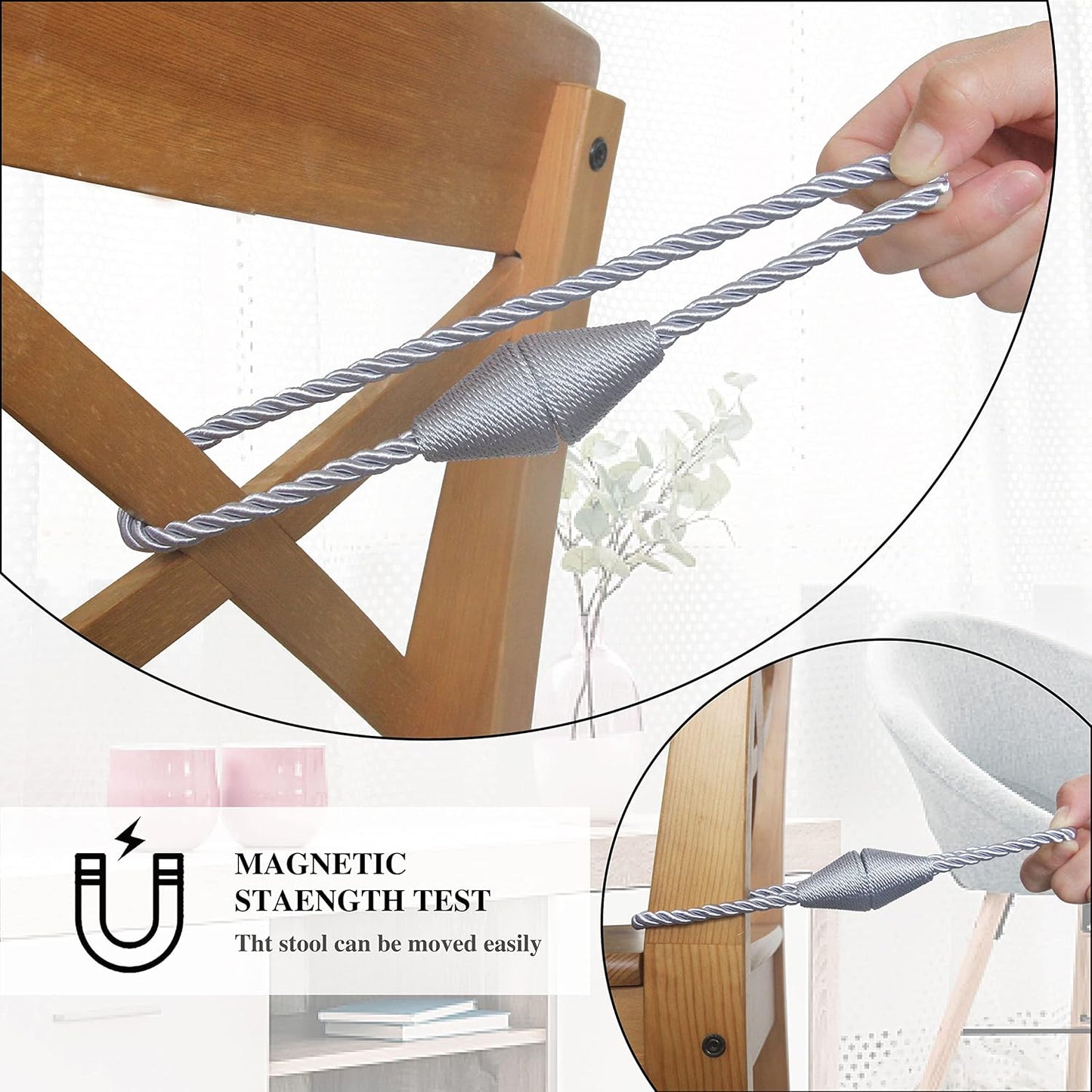 6 Pack Magnetic Curtain Tiebacks Rope Modern Handmade Curtain Tie Backs Decorative Drapes Weave Holdbacks for Window Décor, Grey