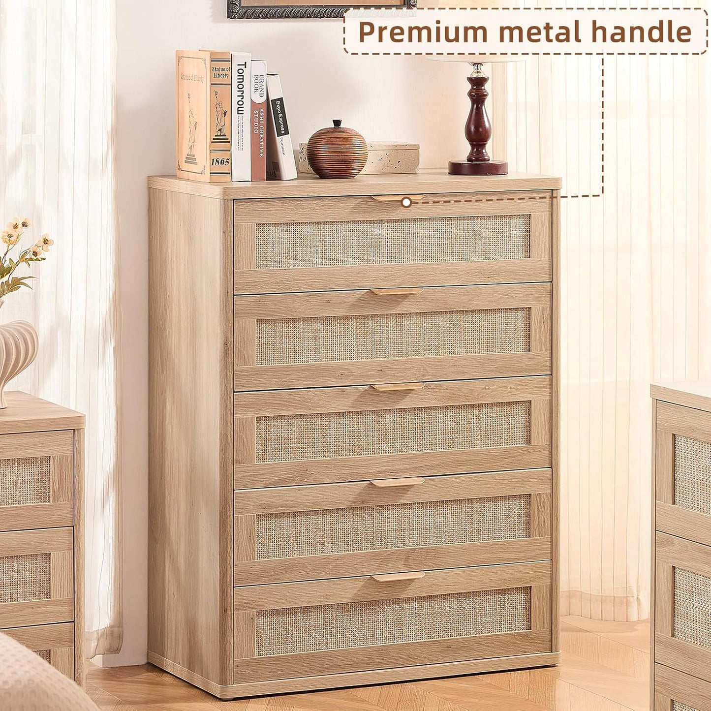 LEYAOYAO Rattan Dresser for Bedroom, 41" Tall Chest of Drawers, Modern 5 Drawers Boho Dressers with Storage, Light Oak Dresser Wooden Closet Organizer for Living Room, Hallway, Natural Wood
