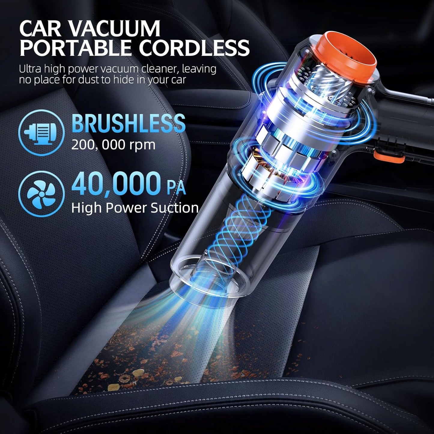 Car Vacuum Portable Cordless, 40000Pa High Power Dust Buster, 6-in-1 Handheld Vacuum Cleaners for Home, Car, Pet Hair, Keyboard, Black