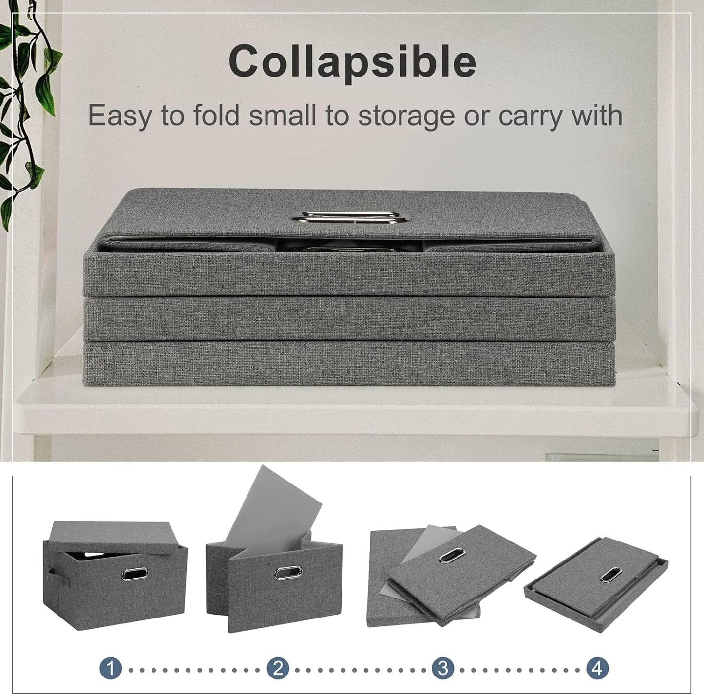Medium 15" 21 Quart Collapsible Stackable Storage Bins with Lids, 1 Pack Gray Foldable Fabric Closet Storage Boxes with Lids, 4 Handles Heavy-duty Linen Cube Baskets for Bedroom