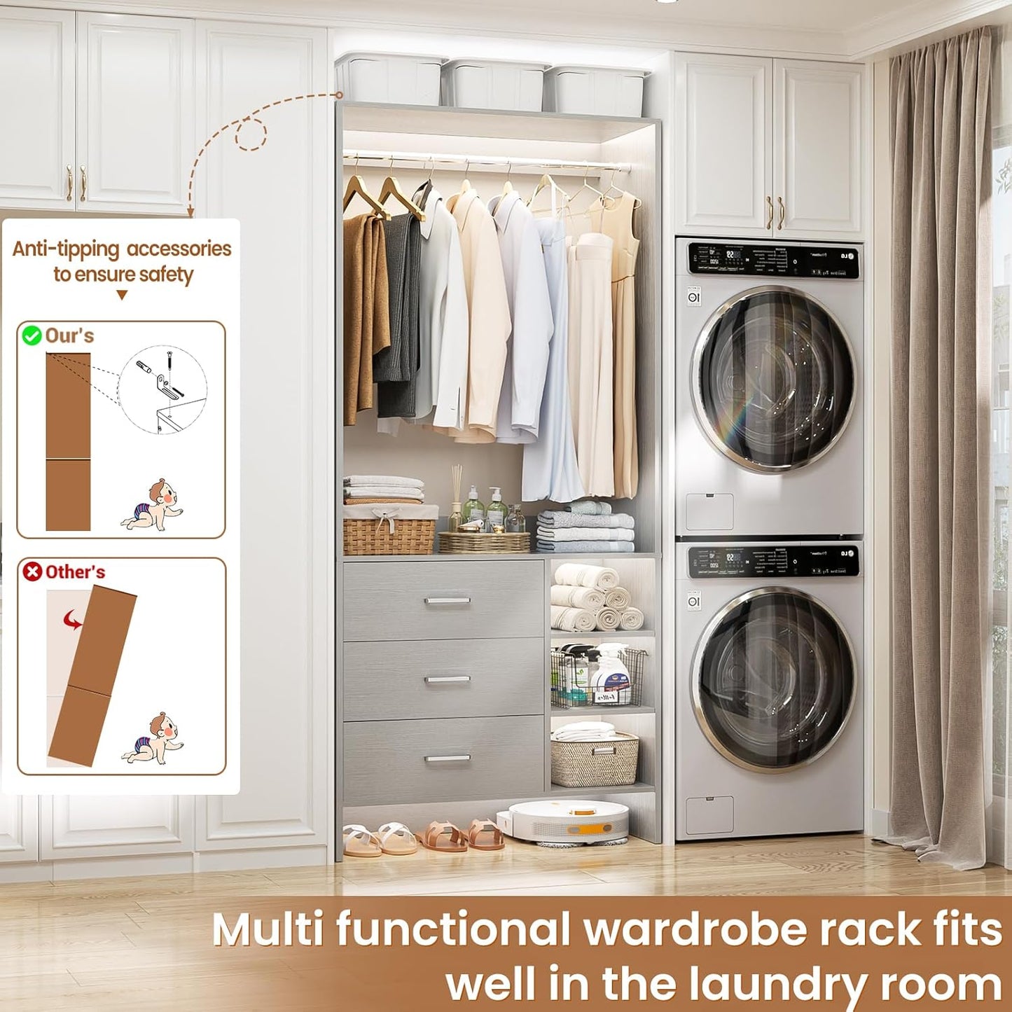 Aheaplus 2.5FT Closet System with 3 Drawers, 29.5’’ Closet Organizer, Wood Closet Organizer System, Walk-in Closet or Small Closets Wardrobe, Clothes Rack with Hanging Rods,-E6, Grey