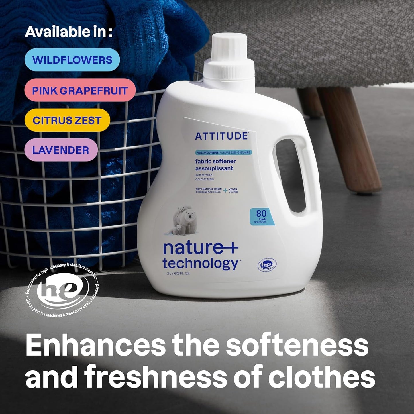ATTITUDE Liquid Fabric Softener, Plant-Based & Vegan, HE Compatible, Naturally Derived, Pink Grapefruit Scent, 80 Loads, 67.6 Fl Oz