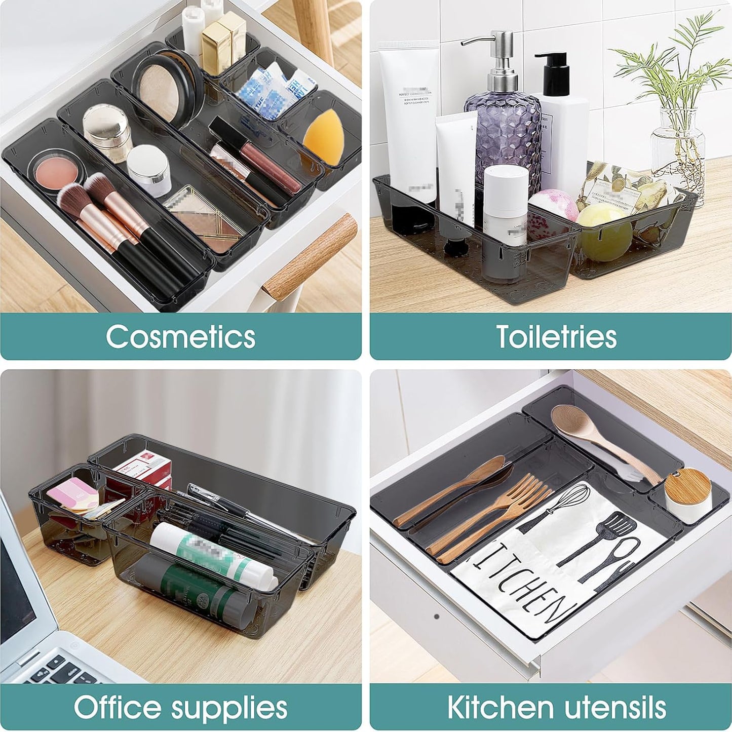WOWBOX 25 PCS Plastic Drawer Organizer Set, Desk Drawer Divider Organizers and Storage Bins for Makeup, Jewelry, Gadgets for Kitchen, Bedroom, Bathroom, Office, Black
