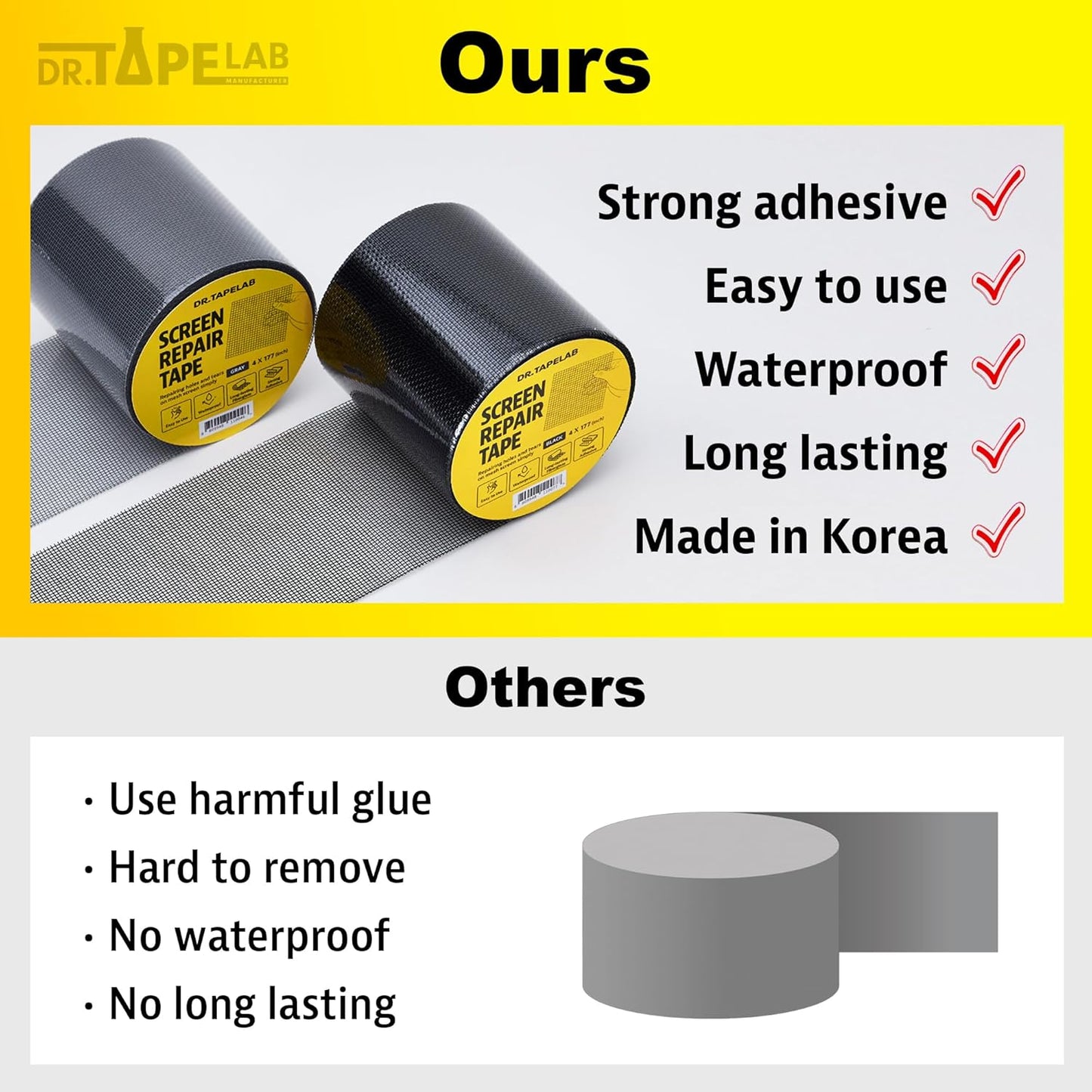 Grey Window Screen Repair Tape, 4 in X 15 FT, Screen Repair Kit for Windows or Doors, Strong Adhesive Patch Kit Fiberglass Mesh Tape