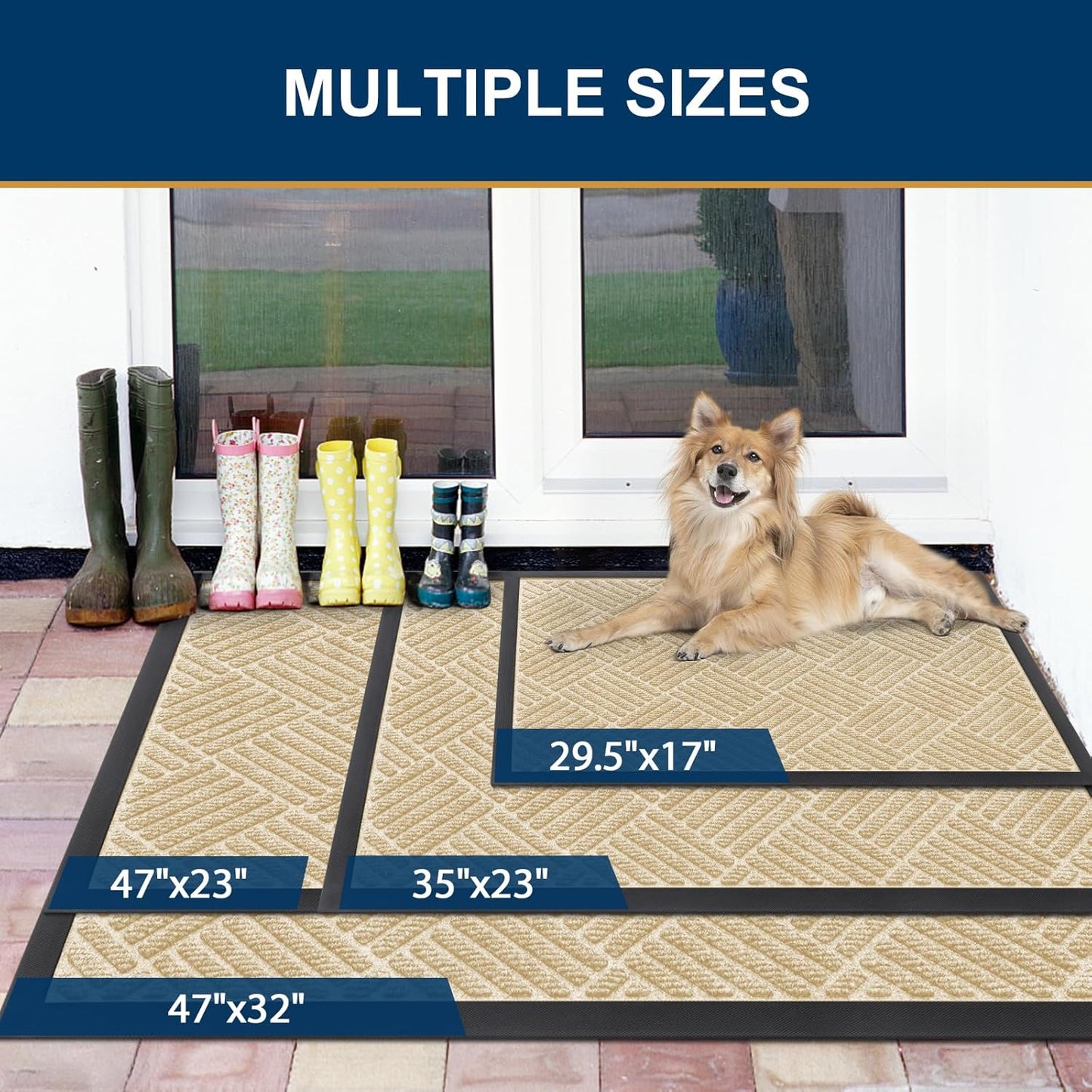 Smiry Front Door Mat Outside Entrance, Heavy Duty Outdoor Indoor Natural Rubber Doormat, Non Slip, Trap Dirt and Moisture, Easy Clean, Low Profile Patio Porch Entryway Mat, 47x32, Beige