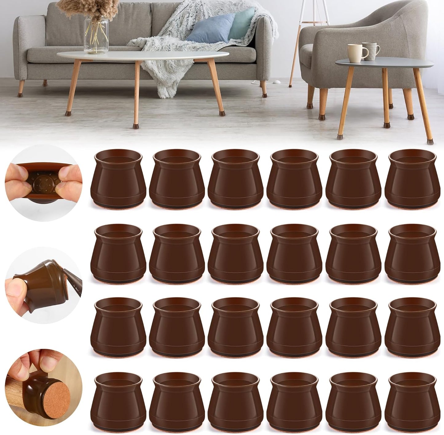 24PCS Upgraded Silicone Chair Leg Floor Protectors for Hardwood Floors, Furniture Sliders for Chair Legs, Felt Bottom Furniture Pads, Anti-Slip Round&Square Cap Covers to Scratch and Reduce Noise