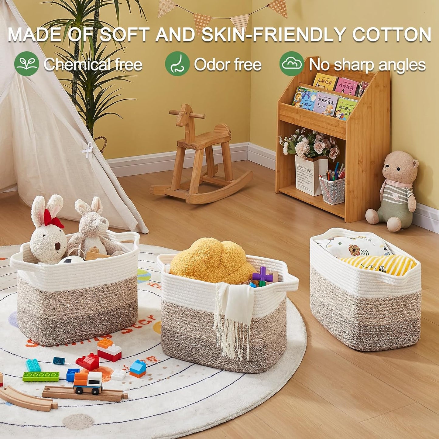 Storage Baskets for Organizing, Woven Baskets for Shelves, Rectangle Decorative Organizer for Storage Clothes, Toy, Books, Towels Nursery Bins 3 Pack (Gradient Yellow)
