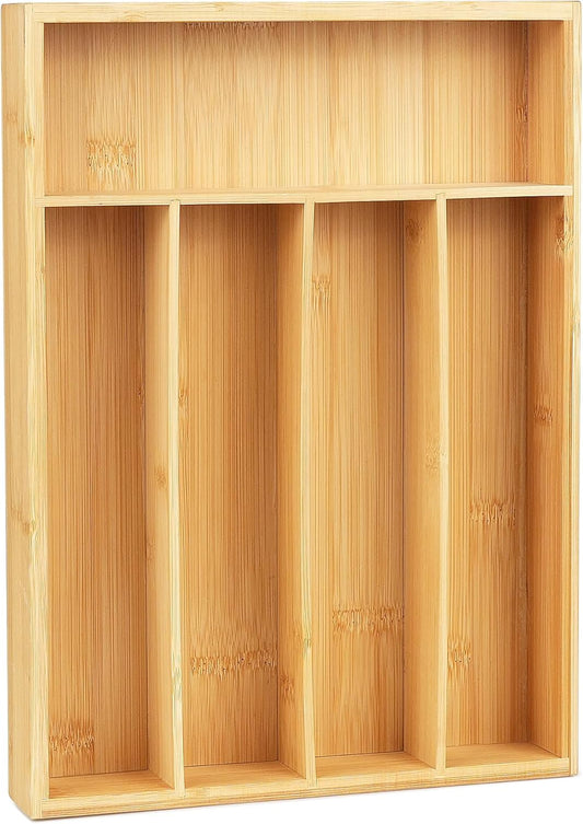 LotFancy Bamboo Kitchen Drawer Organizer, 9.5 Inch Silverware Tray for Small Drawer, Utensil Organizer for Cutlery, Fork, Spoon Storage (5 Slots, Natural)
