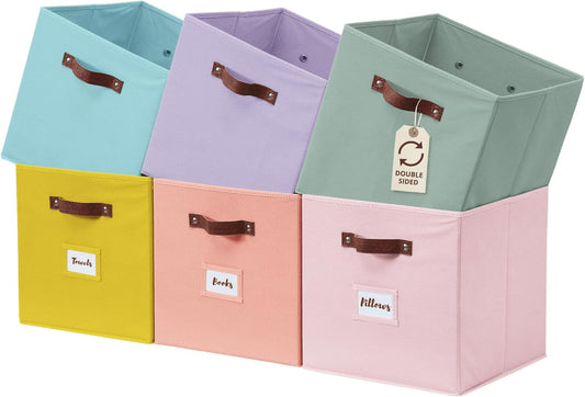 DECOMOMO Storage Cubes, 13x13x13 Storage Cube Bins with Labels, Fabric Organizer Bins (13" / 6pcs, Rainbow)